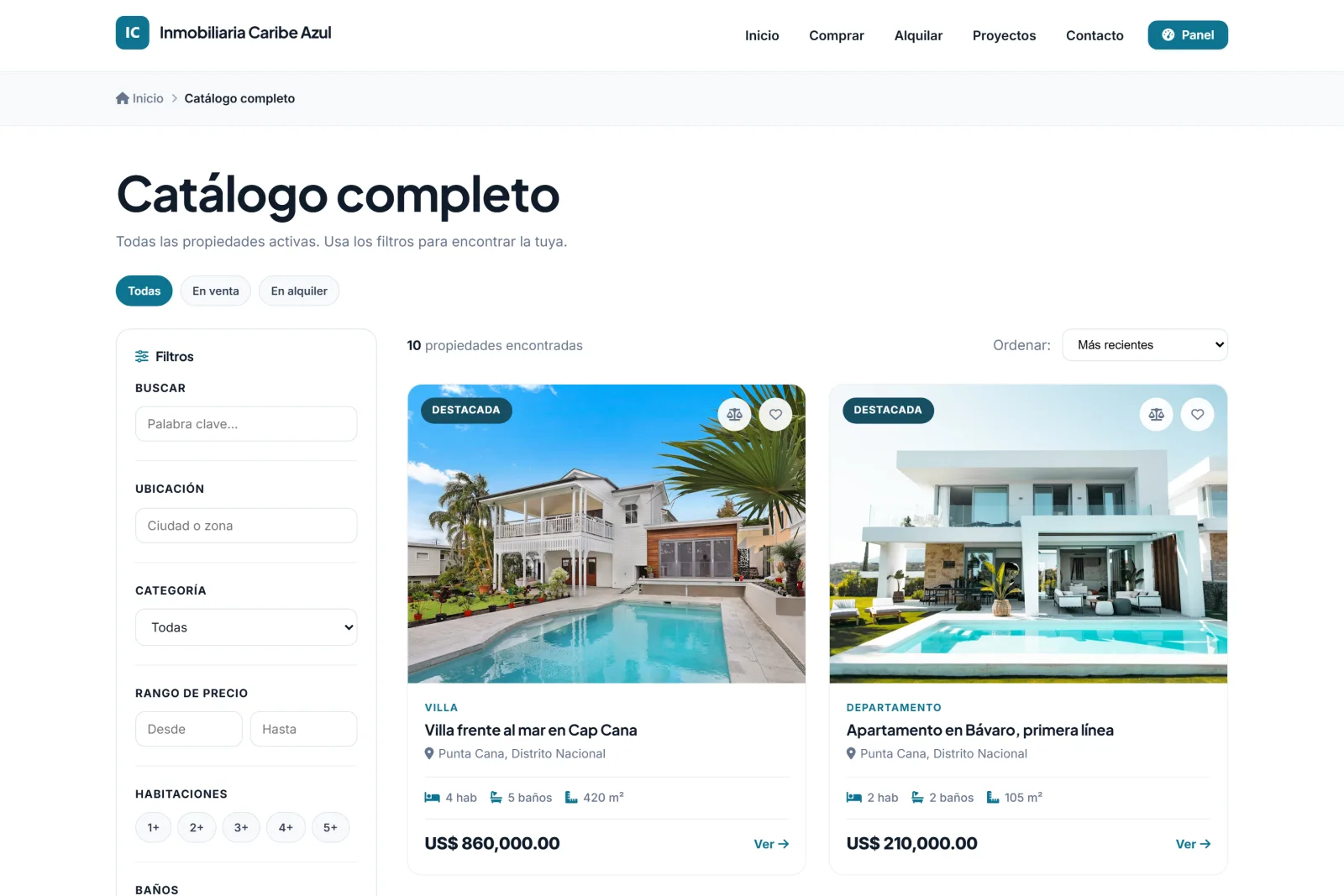 Catálogo de propiedades del portal público, con filtros por ubicación, categoría, rango de precio, habitaciones y baños, y las fichas con foto, metros y precio.